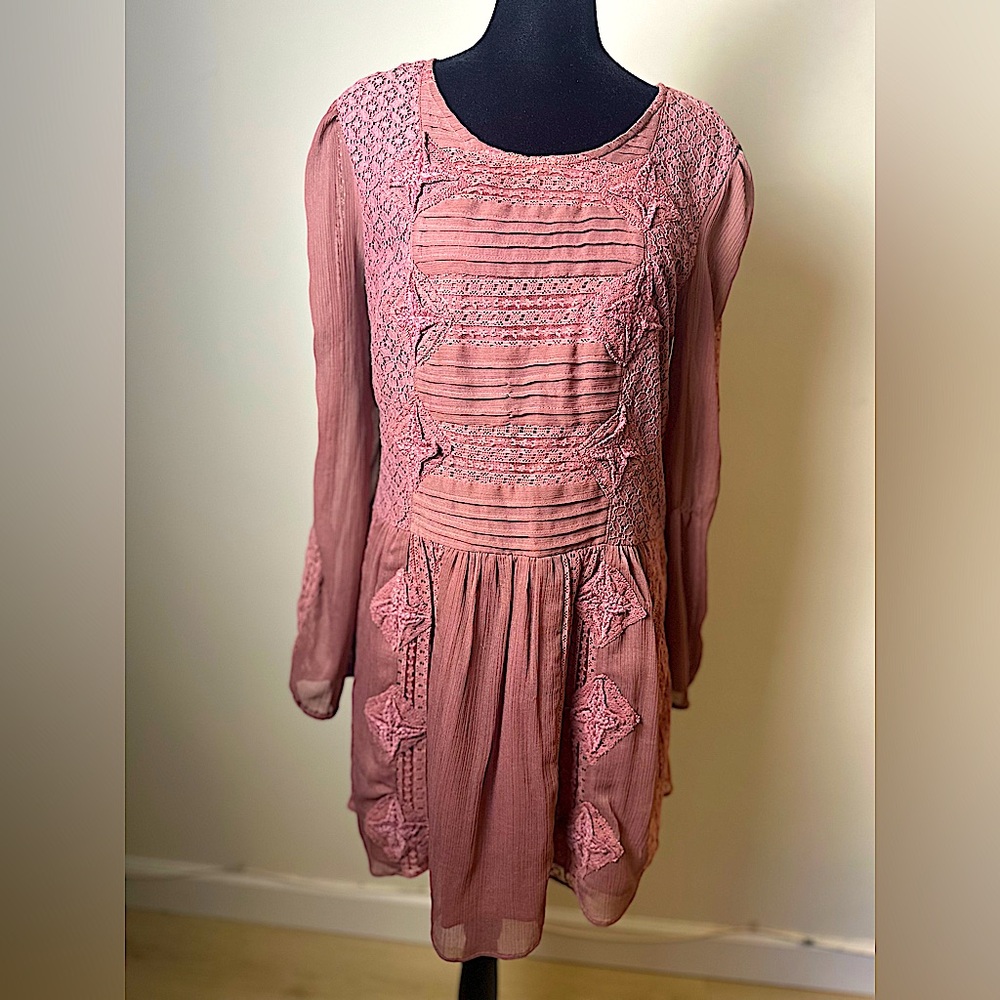 FREE PEOPLE Women’s Embroidered Lace Tunic Dress – Dusty Mauve – AS IS